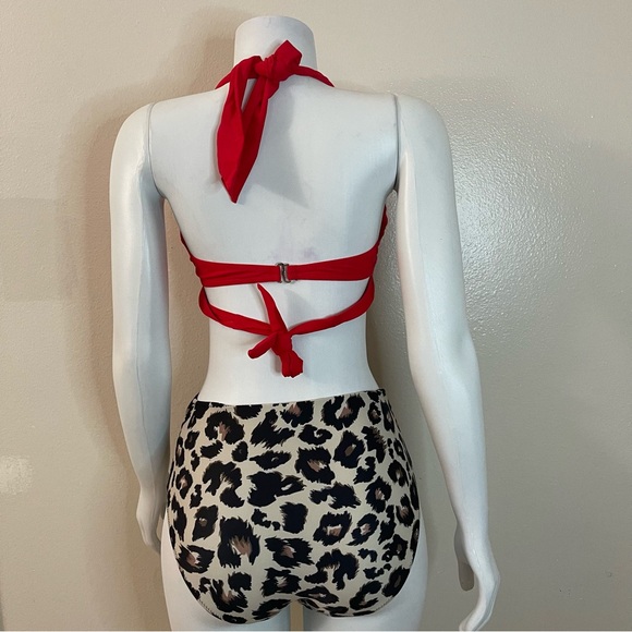 Red swimwear top leopard print bikini bottom two piece set - Picture 2 of 11